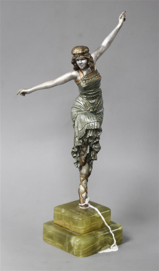 An Art Deco silvered bronze figure of a dancing girl, Paul Phillipe, on signed onyx plinth, height 26.5cm